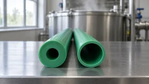 Two green polypropylene pipes of the same outside diameter on a steel inspection bench, cut square to show a thick wall and small bore beside a thinner wall and larger bore, with a steaming stainless test tank behind